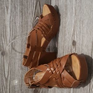 Kork-Ease 10/42 tan/brown platforms open toe huarache high heels sandals